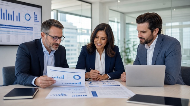 Finance leaders reviewing standardized financial reports